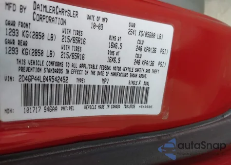 2004 Dodge Grand Caravan Sxt from USA, damaged, VIN 2D4GP44L84R542452